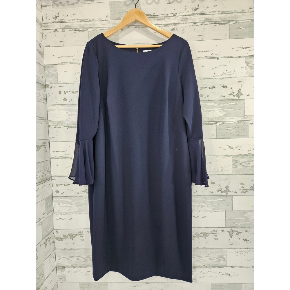 Calvin Klein Navy Blue Bell Sleeve Sheath Dress Gold Zipper Mesh Detail 16W
